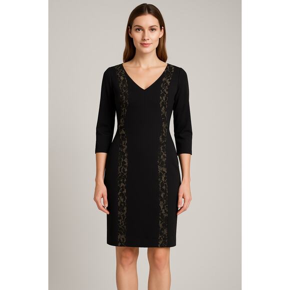 Rickie Freeman Teri Jon Dress Womens 8 Black Lace Trim Sheath Cocktail Fitted - Picture 1 of 13